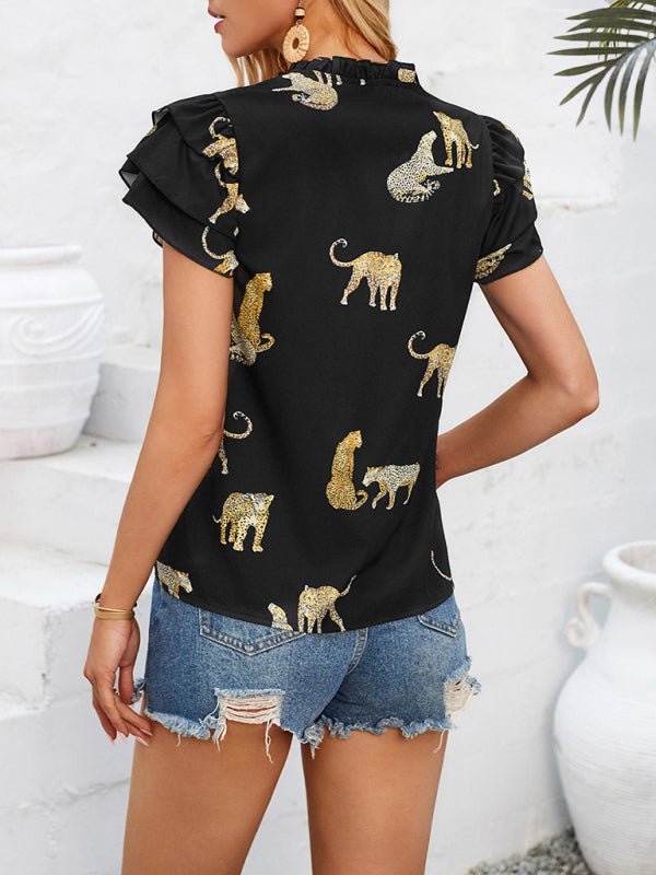 New casual summer V - neck printed ruffle sleeve top - Top